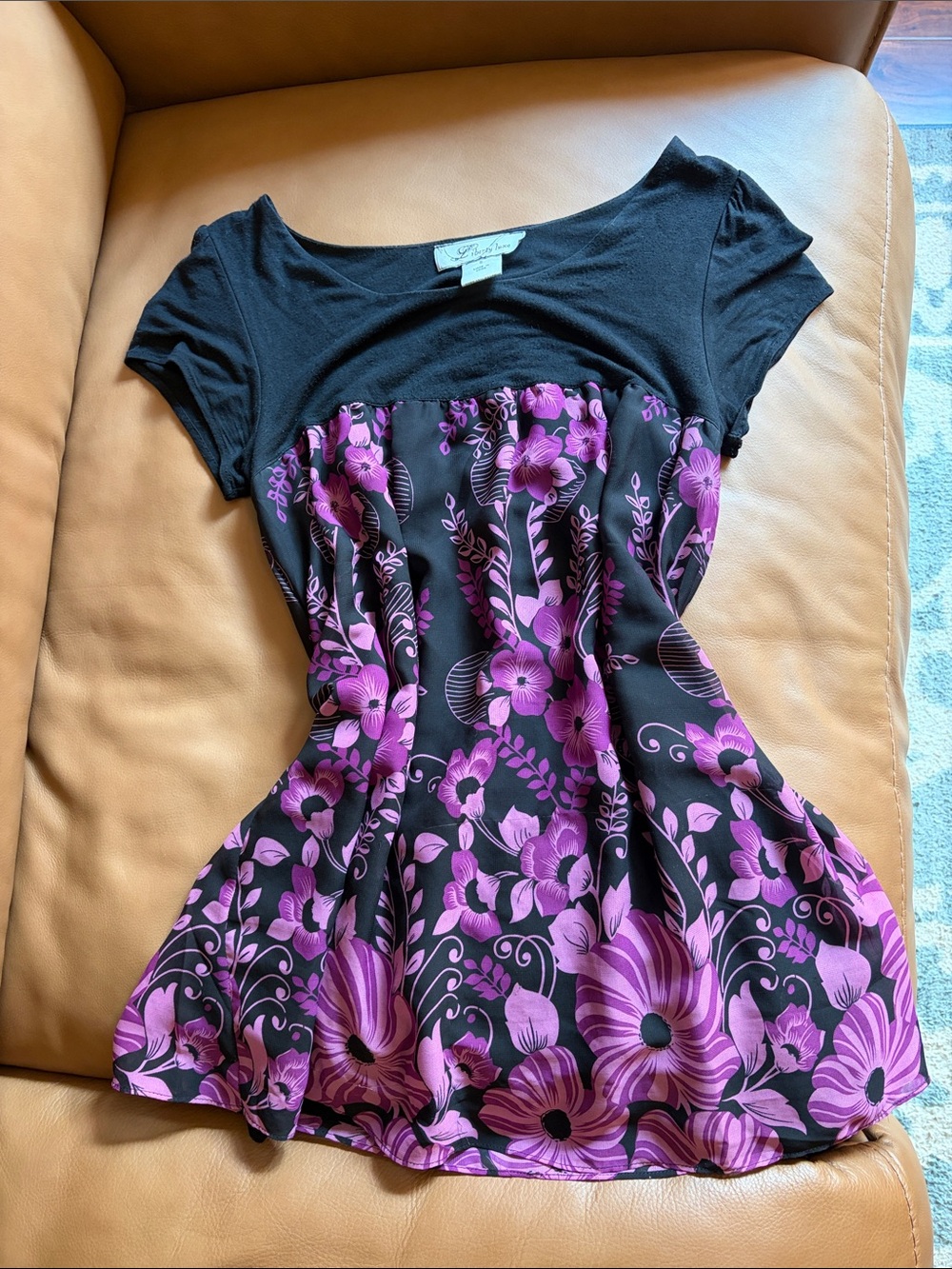 Black Top with Purple Floral Print Baby Doll Scoop Neck